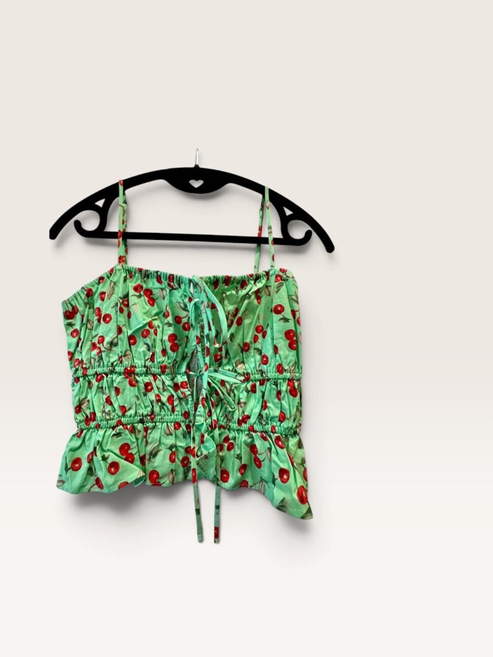 WAYF Green Cherry Print Smocked Crop Top Size M